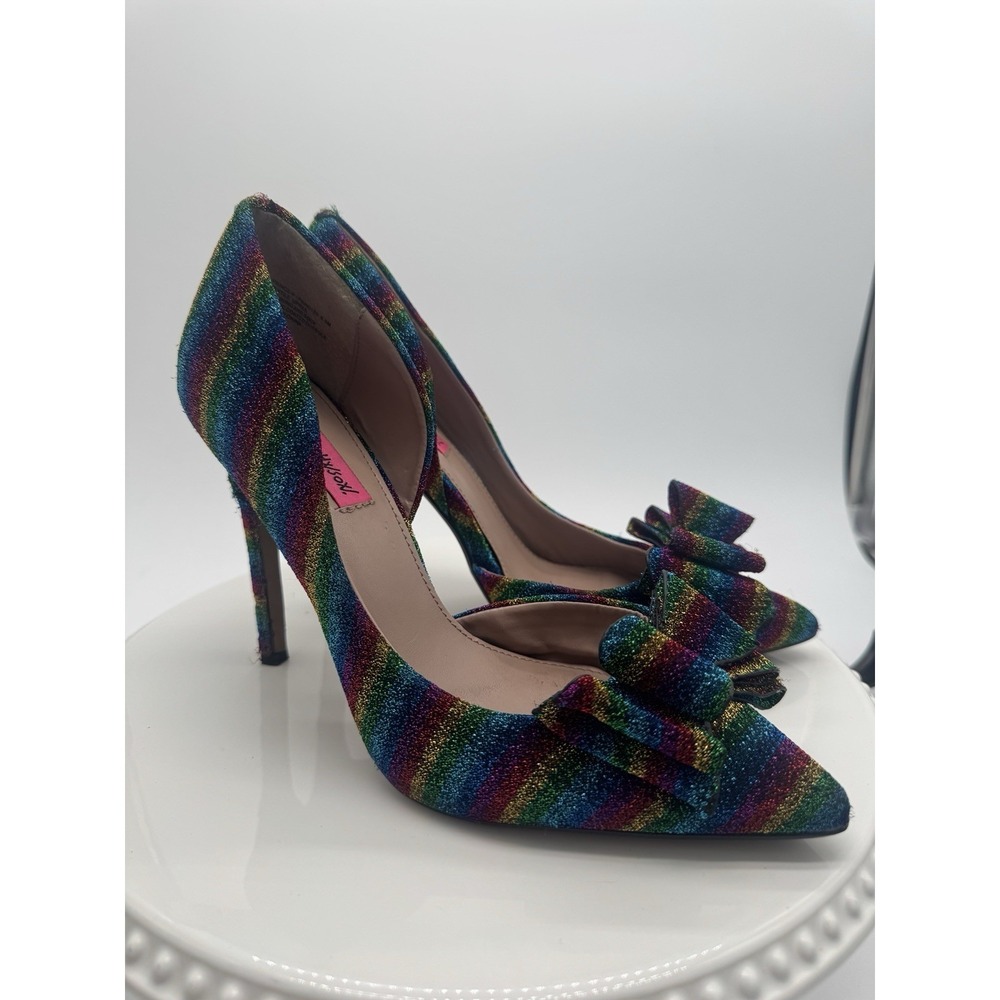 Betsey Johnson Prince-P‎ Rainbow Glitter Bow Stiletto Heels Size 8.5 Statement